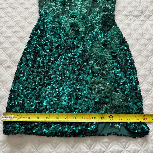 STACEES Dark Green Floral Sheer Corset Sequin Mini Spaghetti Strap Dress Sz 2 - Picture 8 of 16